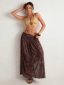 Freevana 波西米亚佩斯利印花三件套度假套装：露背比基尼上衣 + 腰链短裤 + 薄纱长裙，性感沙滩装波西米亚风