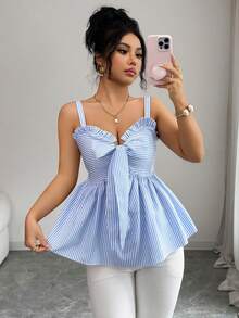 Elenzga SHEIN Elenzya Women's Casual Sleeveless Top, Fashion Design With Tie Strap, Bow Knot, Blue & White Striped, Waist Cinched, Sexy & Flattering, Versatile For Daily Wear & Date, Summer - Blue and White - View 6