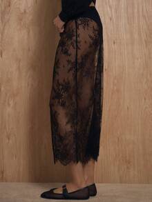 MUSERA Sheer Lace High Waisted Straight Fit Skirt Winter NewYear Cute Sexy Going Out Evening Party Accented Valentines Day Spring Summer Holiday - Black - View 3