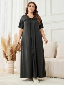 Lacomfia V-Neck Casual Everyday Fashionable Simple Gray Dress For Women Plus Size, With Knit Patchwork Lace Rivet Decor Design, Short Sleeve, Flared Hem - Dark Grey - View 3