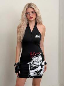 The Winx x SHEIN Women's Casual Street Chic Letter & Cartoon Figure Graphic Half-Button Open Back Fitted Halter Dress, Summer - Black - View 5