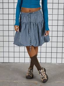 COUREZ Bubble Hem Check Midi Skirt /Y2K Spring Clothes For Women Cute Going Out Skirts Party Outfit 2 Piece Sets Back To School Outfits Date Night Valentines Day - Blue - View 2