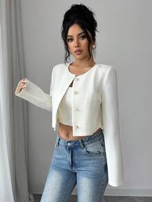 Elenzga Women's Elegant Casual Vacation Apricot Jacket, Minimalist Fitted Outerwear, Versatile For Dates, Parties, Daily Outings, Fashionable New Year Outfit - Apricot - View 1