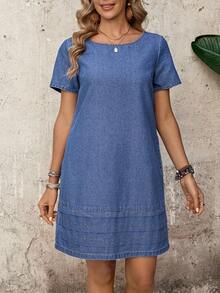 EMERY ROSE 女士时尚夏季短袖牛仔连衣裙 - 藍色 - 查看 4