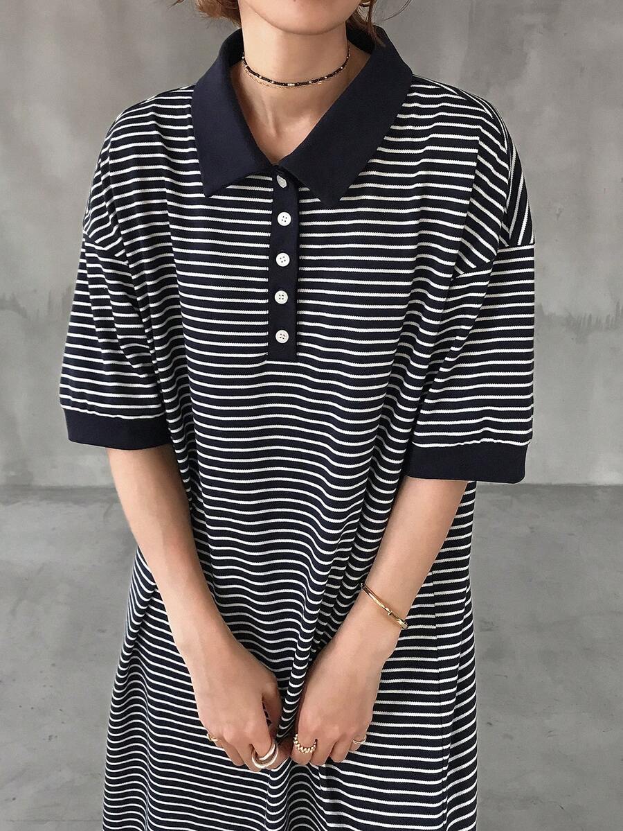 FRIFUL Vestido casual recto de tela a rayas con cuello polo y media cremallera para mujer - Blanco y Negro - Ver 1