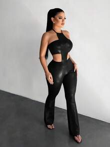 SHEIN SXY Sexy Burgundy Hollow-Out Bodycon Jumpsuit - Black - View 4