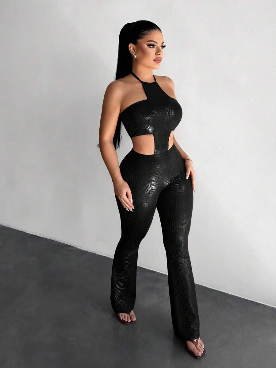 SHEIN SXY 性感酒红色镂空紧身连体裤 - 黑色 - 查看 1