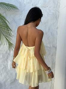 Aloruh Đầm mini đi biển không dây vai, đính sequin, phối nhiều lớp, màu trơn, có họa tiết, xếp ly, chất liệu chiffon màu vàng bơ thanh lịch, đầm hẹn hò, đầm đi chơi đêm, đầm hè, trang phục tuần trăng mật, đầm dự tiệc cưới, trang phục đi nghỉ mát trên đảo, đầm dự tiệc cưới, đầm chống nắng, đầm dự tiệc thanh lịch, đầm đi nghỉ mát ở Hy Lạp, đầm nghỉ dưỡng mùa hè cho nữ. - Vàng nhạt - Xem 10