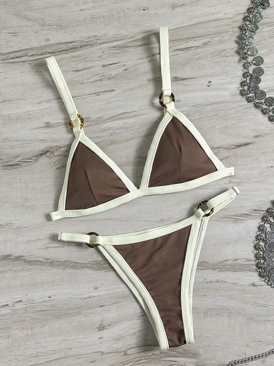 Swim Vcay 热销新款夏季沙滩休闲度假性感优雅女士两件式泳衣套装。产品特点包括：全身圆形装饰、宽边滚边、可调节肩带、棕色纯色，以及特殊面料比基尼套装。 - 棕色 - 查看 1