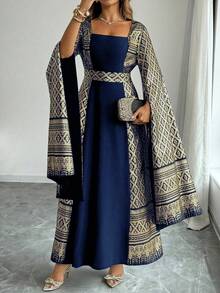 Elenzga Plus Size Navy Blue,Winter Elegant Wedding Al-Adha Woven Dress,Square Neck Folk Cloak Sleeve Flared Hem Najma Turkish Abaya Dubai Modest Women - Navy Blue - View 1