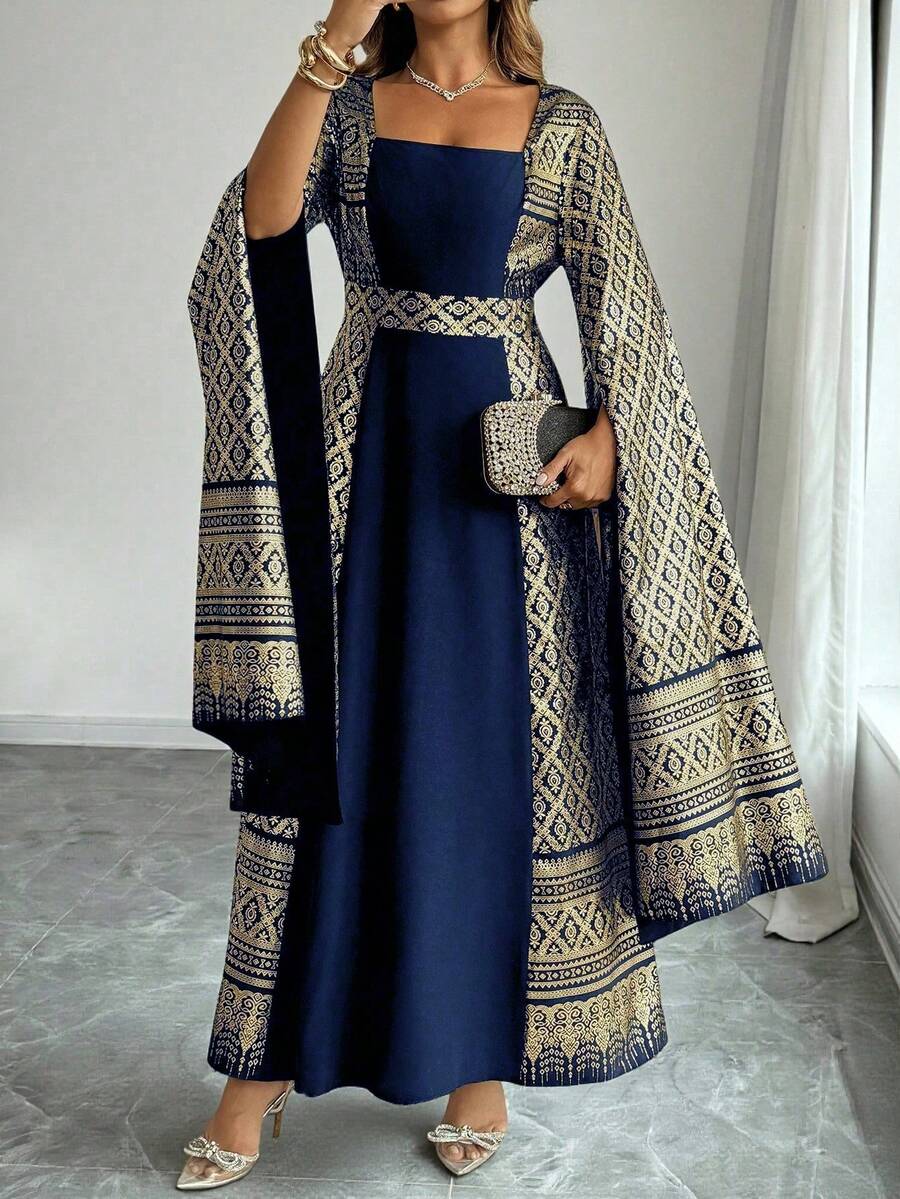 Elenzga Plus Size Navy Blue,Winter Elegant Wedding Al-Adha Woven Dress,Square Neck Folk Cloak Sleeve Flared Hem Najma Turkish Abaya Dubai Modest Women - Navy Blue - View 1