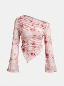 SHEIN Tween Girls Asymmetric Shoulder Design Knit Printed Casual Fashionable Matching Family Tops