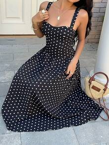 SHEIN EZwear 黑色波点编织吊带度假连衣裙 - 黑色 - 查看 2