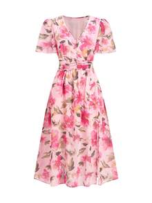 Ellevyn Women's Elegant Floral Print V-Neck Puff Sleeve Ruched Waist Vacation Dress - Baby Pink - View 6