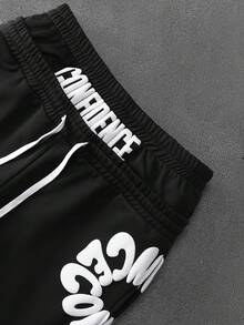 PAVTROS 加大码男士字母印花弹力腰宽松休闲运动裤黑色图案运动裤男士字母印花弹力裤嘻哈裤Y2K运动裤男士街头服饰裤 - 黑色 - 查看 6