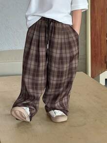 DAZY Young Boy Casual Fashion Street Plaid Print Drawstring Waist Loose Wide Leg Pants - Brown - View 6