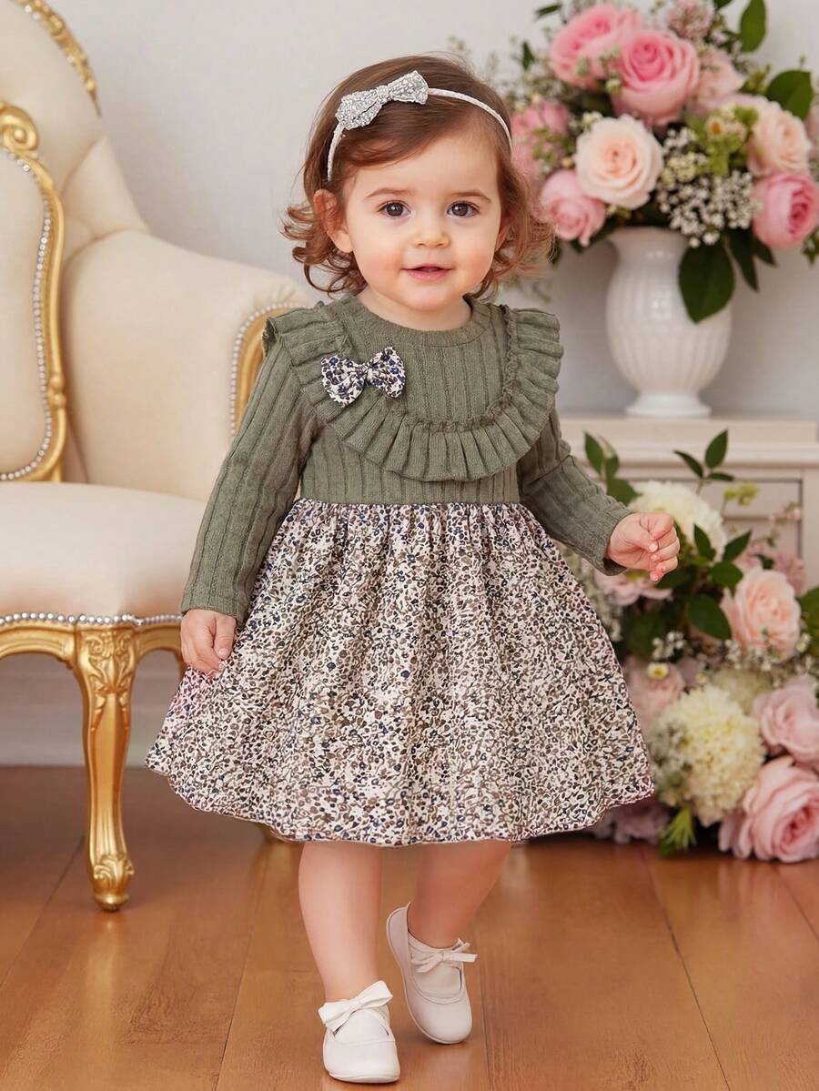 SHEIN Đầm dệt kim họa tiết hoa xếp nếp cổ tròn cho bé gái sơ sinh/trẻ nhỏ, màu hồng củ sen. - màu xanh lá - Xem 1