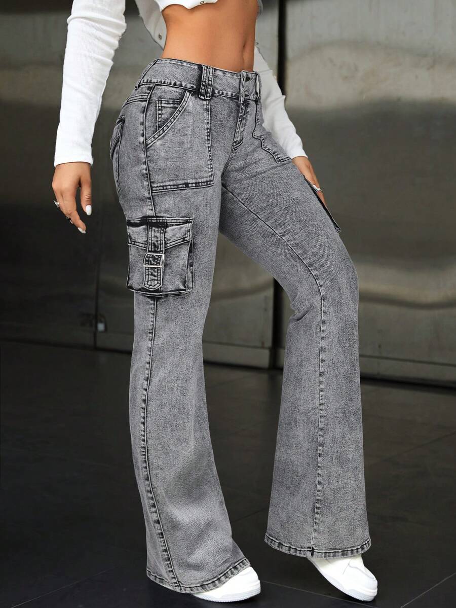 SHEIN ICON 复古纯色斜插口袋休闲百搭工装喇叭牛仔裤 - 灰色 - 查看 1