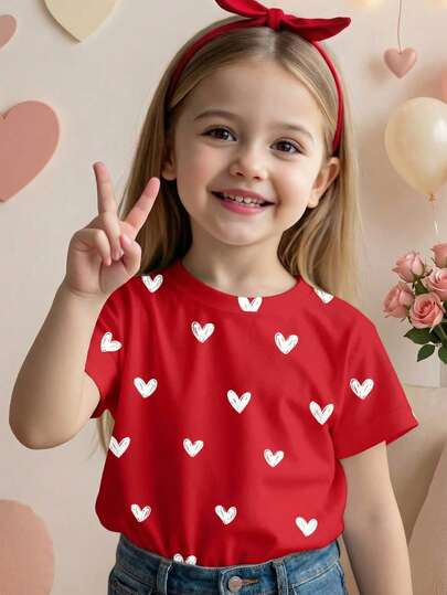 SHEIN Cute Hand-Painted Heart Print, Young Girl Casual Minimalist Red Round Neck Short Sleeve T-Shirt, Suitable For Summer And Valentine's Day