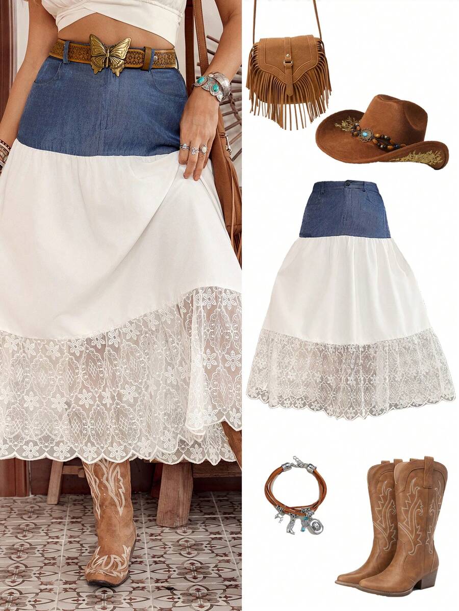LanaWest Western Style New Denim Contrast Lace Ruched Long Skirt, Versatile For Multiple Occasions - White - View 1