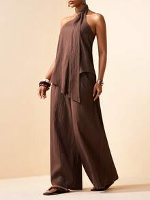 Zivah 女士纯色露背不对称下摆上衣搭配阔腿裤休闲套装 - 棕色 - 查看 3
