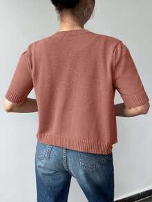 EURMUSE Gold Button Short Sleeve Elegant Cardigan - Dusty Pink - View 2