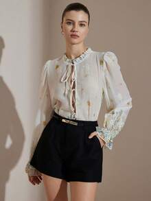 Aveloria Rosie French Style Embroidered Tie Front Long Sleeve Blouse - Multicolor - View 6
