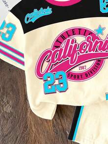 SHEIN 两件套复古美式学院风运动套装，包含一件印有数字“23”的休闲宽松圆领短袖T恤和一条紧身骑行短裤，适合春夏穿着，返校季必备，2000年代风格 - 彩色 - 查看 4