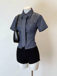 SHEIN Jeanoir 条纹短袖修身休闲衬衫 - 黑色 - 查看 3