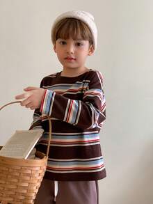 DAZY Young Boy Striped Round Neck Dropped Shoulder Long Sleeve Casual Loose T-Shirt Spring - Brown - View 2