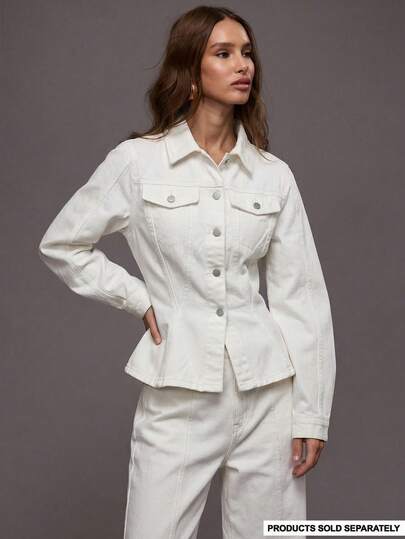 MUSERA Cinched Waist Curved Hem Contrast Stitch Denim Jacket Co-Ord Top Only Winter Night Out Going Out Streetwear Cute Back To School Sexy Uncut Chic