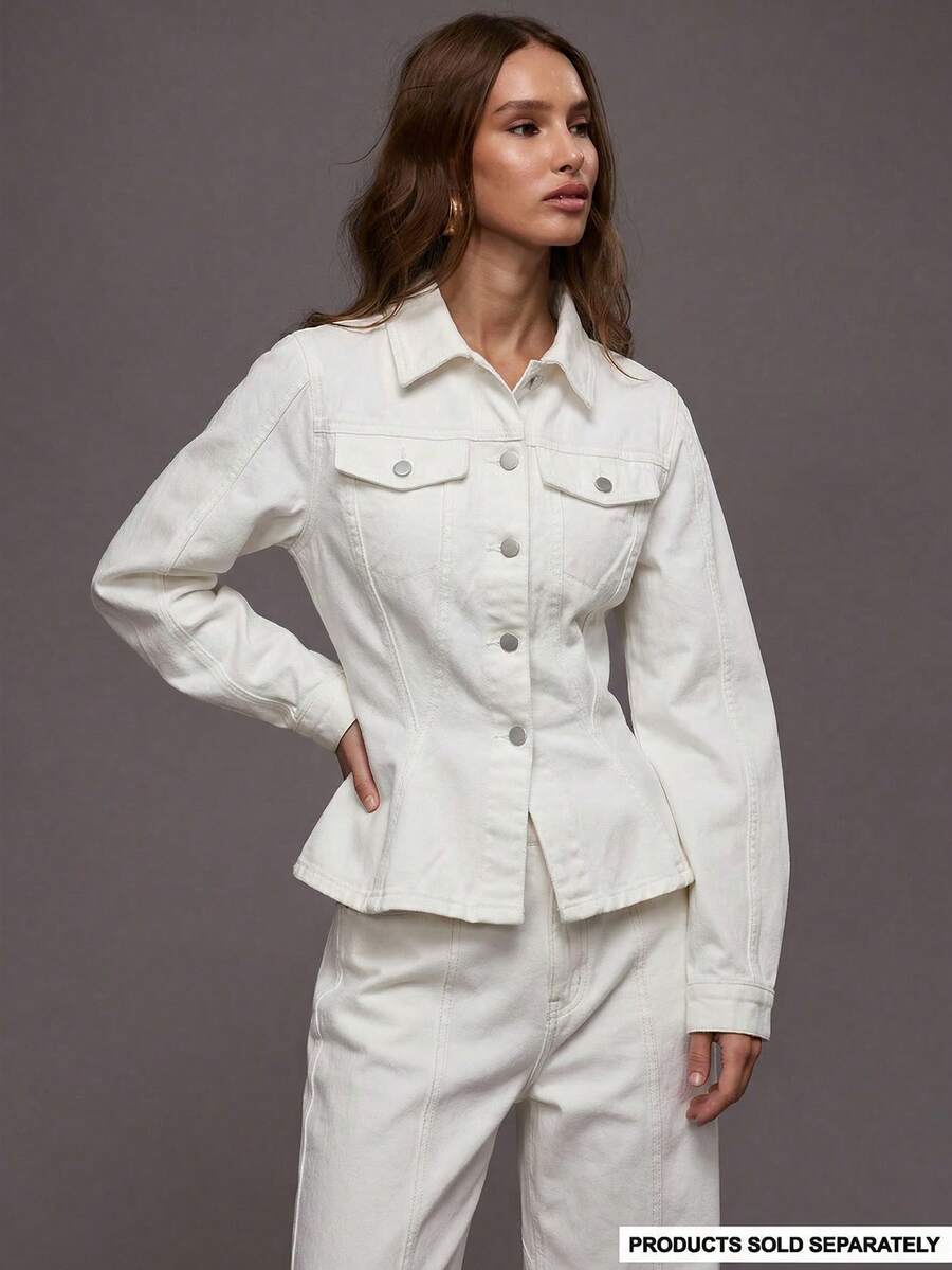 MUSERA 收腰弧形下摆撞色缝线牛仔夹克套装上衣（仅限冬季夜间外出街头风可爱返校性感无袖时尚款） - 白色 - 查看 1