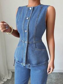 Elenzga Women's Casual Commuter Denim Vest And Pants Set Spring  Summer  Elegant - Light Wash - View 5