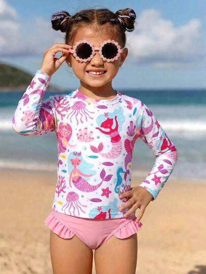 SHEIN Traje de baño de niñas jóvenes para primavera/verano, nuevo diseño con conjunto de bikini de tirantes finos, traje de baño de cuello redondo de manga larga, shorts de baño lisos de color lila claro, diseño con volantes en estilo Rococo floral en tonos pastel