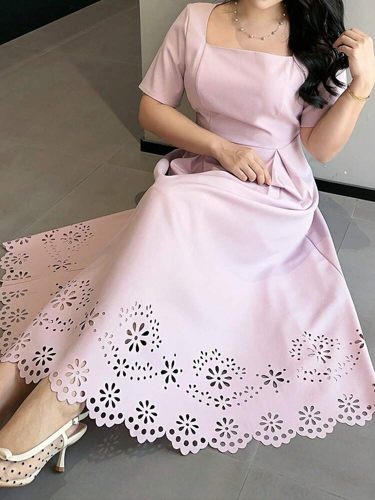 Dazy Plus Plus Size Women's Elegant Solid Color Square Neck Hollow Out Long Dress, Pink, Spring/Summer Dress Sundress