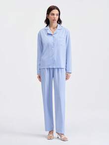 Loungeista 2pcs Women Blue & White Striped Print Pajama Set, Long Sleeve Button Collar Top And Pants, Casual Sleepwear Homewear Suit For Autumn/Winter, Fall Clothes - Blue and White - View 3