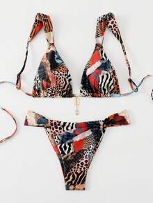 Elavelle Women's Summer Beach Leopard Print Sexy Bikini Set, Random Print - Multicolor - View 4