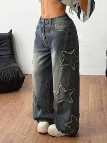 Coolane Women's Winter/All-Season Streetwear  Hippie   Music Festival Party Casual Preppy Vintage Basic Star Patched Dirty Washed Comfortable Baggy  Jeans - Navy Blue - View 3