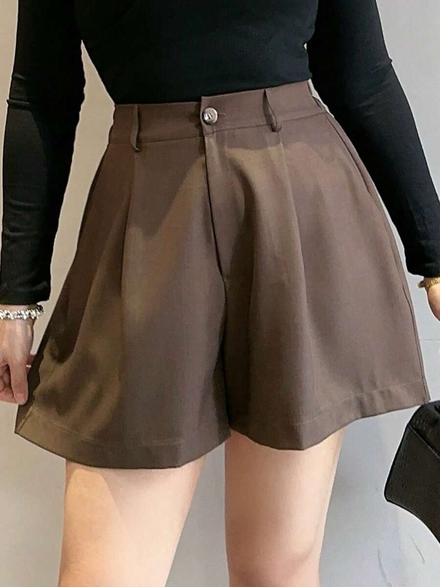Dazy Plus Plus Size Women Casual Solid Color Short Straight PU Shorts, Autumn/Winter - Brown - View 1