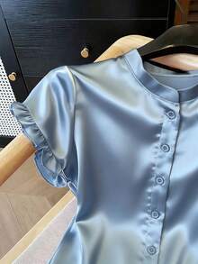Franclia 女士优雅缎面蓝色衬衫，适合通勤和夏季穿着 - 藍色 - 查看 3