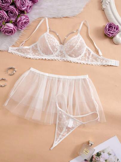 Lace Chain Underwire Mesh Tulle Skirt, Women's Sexy Lingerie Set (3 Pieces)