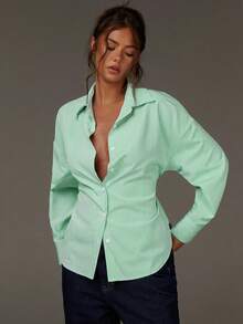 Athîral Women's Striped Drop Shoulder Long Sleeve Casual Shirt With Back Knot - Green - View 2