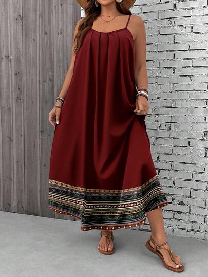 EMERY ROSE Plus Size Bohemian Floral Retro Print Plus-Size Dress Perfect For Vacation