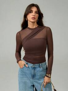 SHEIN Tall Brown Bodysuit For Women Sheer Mesh Long Sleeve Ruched Mock Neck Top, Suitable For Cocktail Party, Romantic Date, Winter Base Layer - Brown - View 10