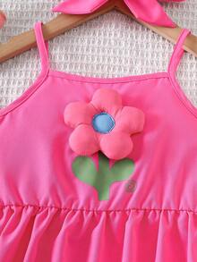Elladie kids 2件組 4-7歲女童淺粉色花卉裝飾細肩帶上衣（荷葉邊下擺）搭配鬆緊腰短褲套裝，夏季周歲花朵風穿搭 - 粉色 - 查看 3