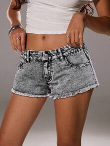 TRNVIE 女士休闲水洗低腰牛仔短裤，夏季 - 灰色 - 查看 3