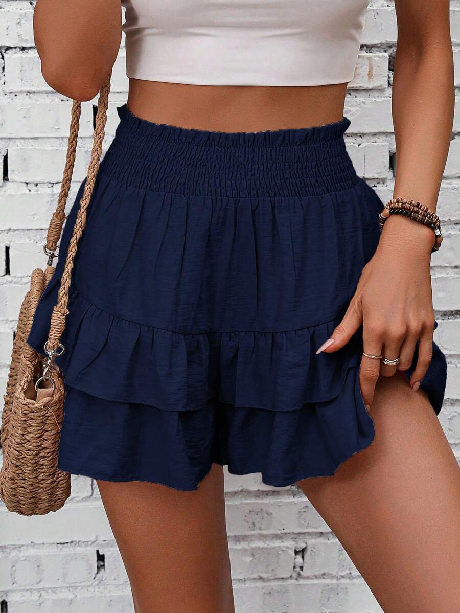 SHEIN Holidaya Women's Summer Casual Solid Color Layered Skort Ruffled Shorts Vacation Shorts Navy Blue Shorts Navy Blue Ruffled Shorts - Navy Blue - View 1
