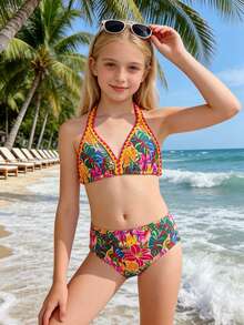 Tween Girl Colorful Floral Print Contrast Trim Halter Top & Shorts Swimsuit Set Tropical Bathing Suit Girls Tropical Print Bikini 2pcs Tween Girls Printed Swimwear Bikini Set Girls Hawaiian Girls Tropical Set Kids Bikini Set High Waist Girls Two Piece Bathing Tween Girls Tropical Print Bikini Summer Beach Tween Girl Swimsuit Two Piece - Multicolor - View 1