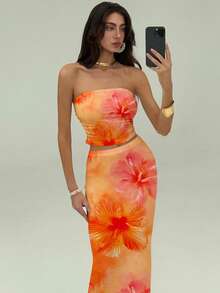 Aloruh Bộ đồ nữ 2 mảnh phong cách nghỉ dưỡng thanh lịch in họa tiết hoa dâm bụt Hawaii, gồm áo quây và chân váy, thích hợp cho kỳ nghỉ xuân/kỳ nghỉ biển/hẹn hò lãng mạn/dạo chơi thời trang/lễ hội âm nhạc mùa xuân. - trái cam - Xem 10