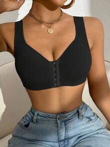 SHEIN Sujetador de unicolor con cierre delantero y almohadillas, negro - Negro - Ver 5